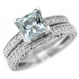 Princess-Cut AAA Blue Aquamarine Matching Engagement Wedding Ring Band ...