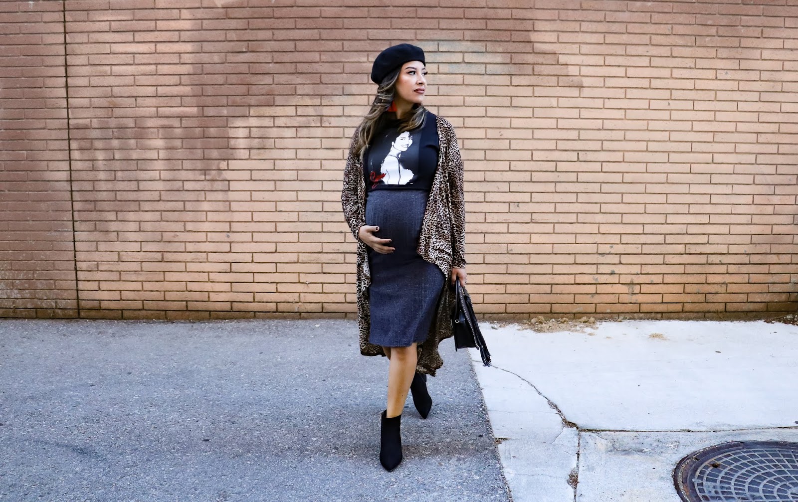 Fall Maternity Outfit with Selena Quintanilla top Leopard Duster and Vegan Suede Pointed Boots
