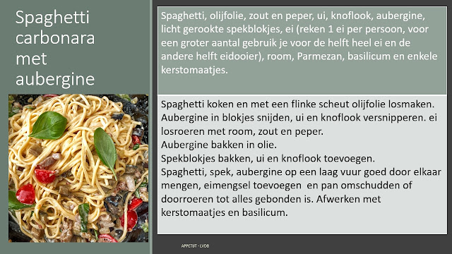 Receptfiche spaghetti carbonara met aubergine