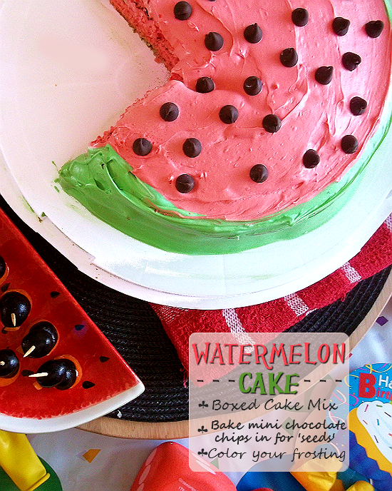 Watermelon Cake made with boxed cake mix, food coloring, and baked in mini chocolate chip 'seeds'.