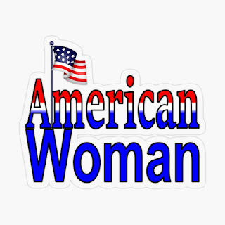 The word American in red, white and blue, followed by Women in blue, with a flag after the A in American
