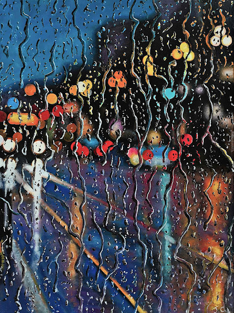 Andrii Frolov art, colorful raindrops on a car windshield at night