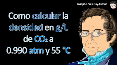 Calcule la densidad del dióxido de carbono (CO2) en gramos por litro (g / L) a 0.990 atm y 55°C.