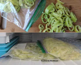 Freezer bags full of frozen pepper rings.