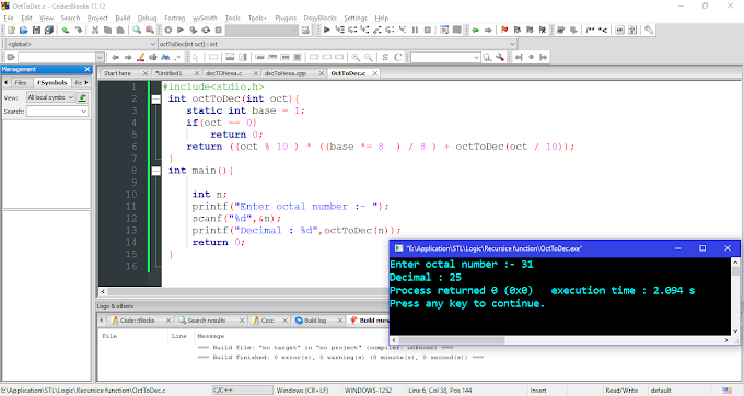 Program in C and C++ to Convert Octal to Decimal number Using recursive function