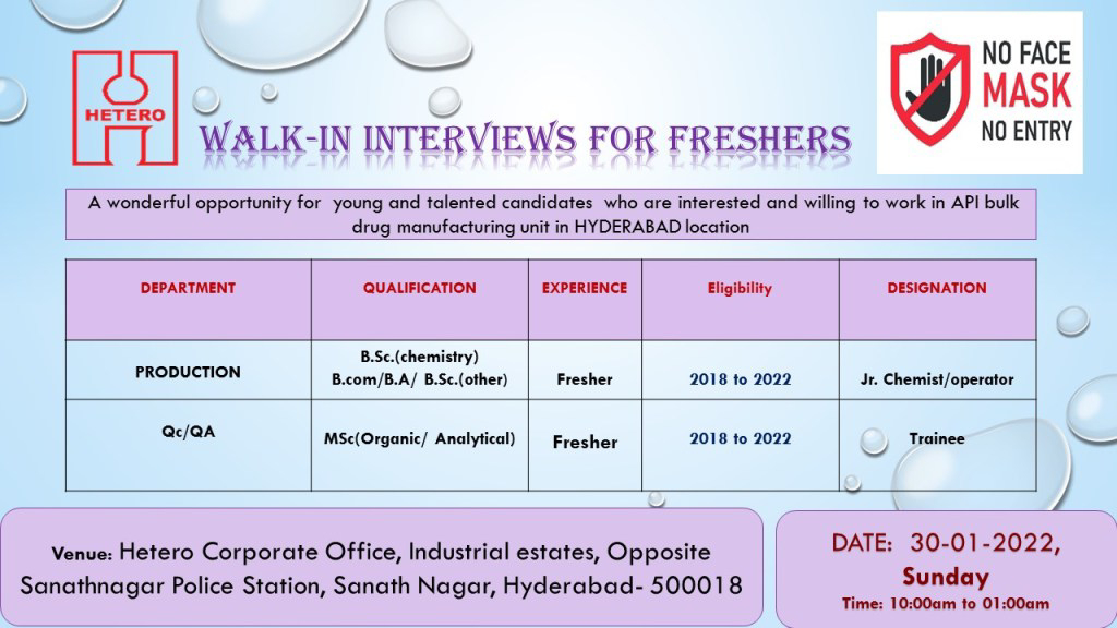 Job Availables,Hetero Walk-In-Interview For BSc Chemistry/ MSc (Organic/ Analytical)/ B.Com/ BSc(Other)/ BA-Freshers