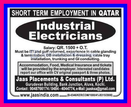 Industrial Electrician Vacancies for Qatar