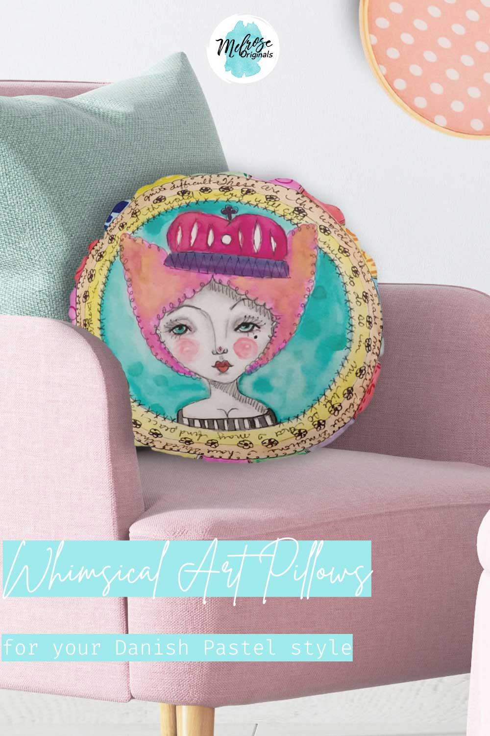 round pillow with whimsical quirky queen watercolor art