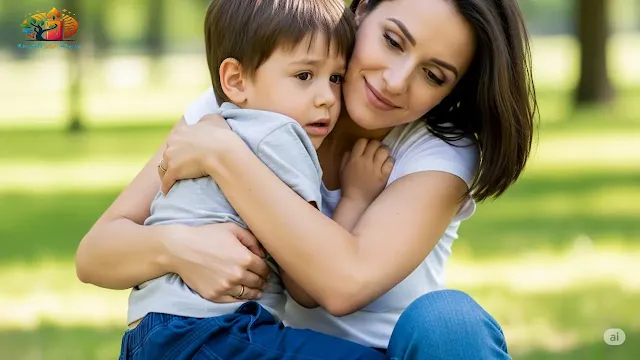 أم تحتضن طفلها الذي يشعر بالخوف، وتوفر له الأمان والدعم