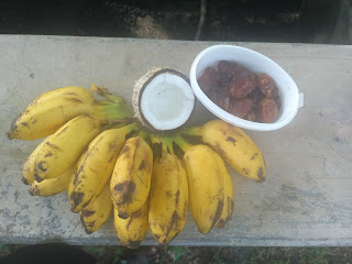 Sun cooked breakfast (Fruits) - Banana, Dates, Coconut