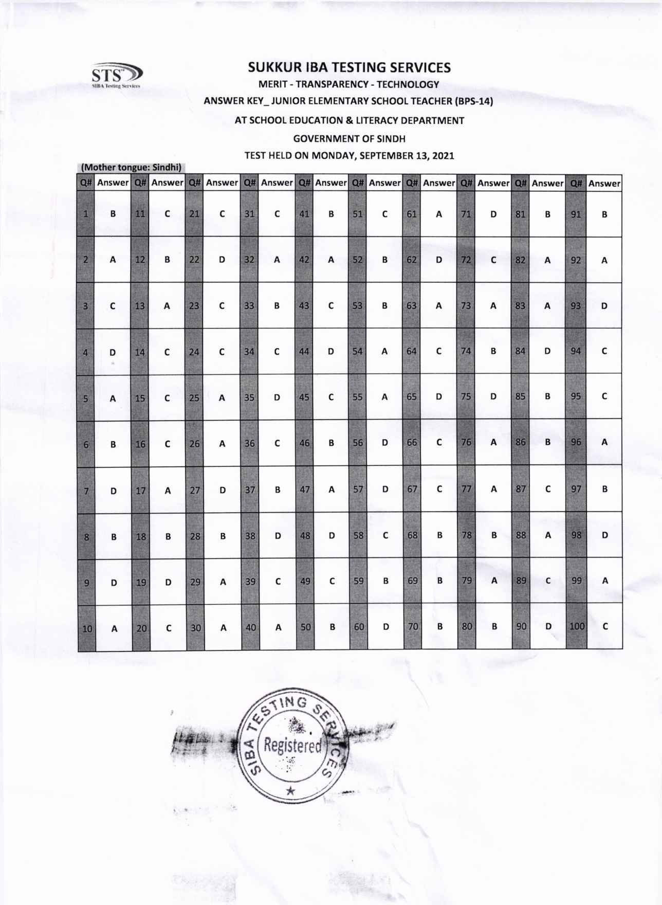 Answer Key 13th September 2021 (Sindhi)