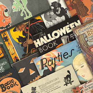 Dennison vintage Halloween collector books include Bogie Books, Parties, Party Magazine, The Halloween Book, and various price lists and pamphlets.