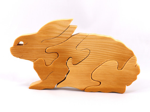 Wood Puzzle Bunny Rabbit, Handmade Simple Four Parts and Free Standing, Finished with Nontoxic Mineral Oil