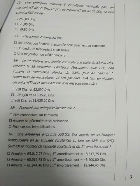 exemple des concours ONEE branche Technicien spécialisé de gestion d'entreprise