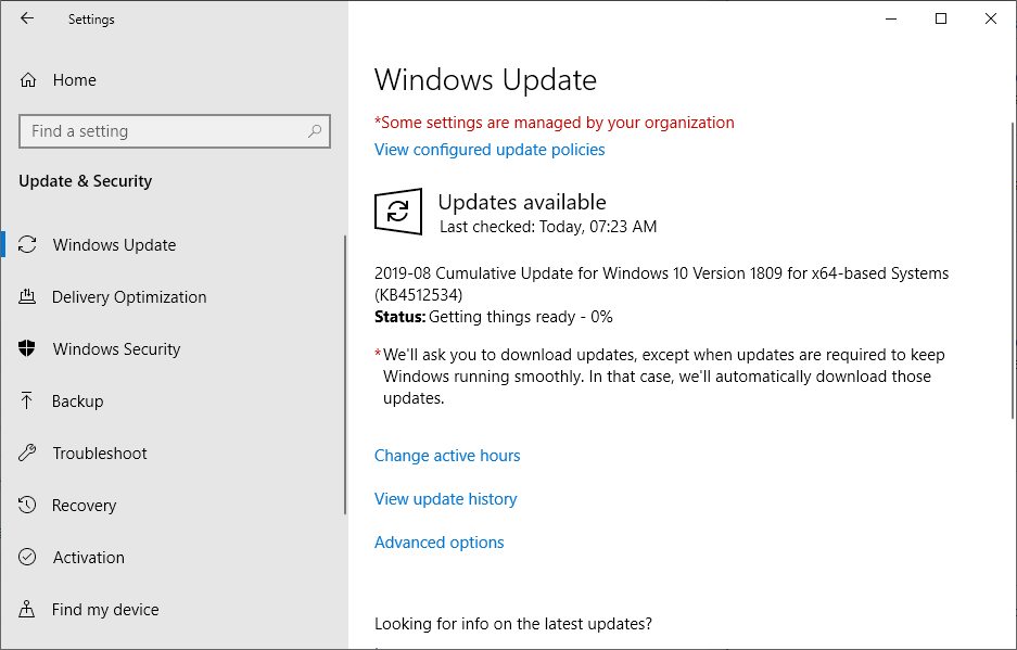 KB4512534 pour Windows 10 version 1809 le 17 août 2019.