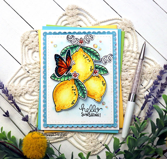 Hello Sunshine Card by Larissa Heskett | Lemon Twist Stamp Set, Monarchs Stamp Set, Love & Meows Paper Pad and Frames & Flags Die Set by Newton's Nook Designs #newtonsnook #handmade