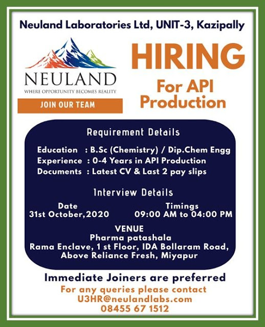 Neuland Laboratories| Walk-in for Freshers and Experienced in Production at Hyderabad on 31 Oct 2020