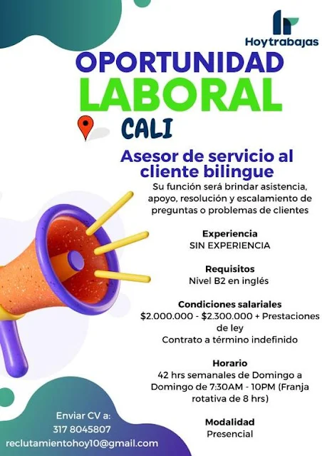 Empleo en Cali Hoy como agente de servicio al cliente bilingue presencial