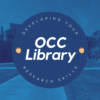 Image of library in bluescale. Text says OCC Library Develop Your Library Skills