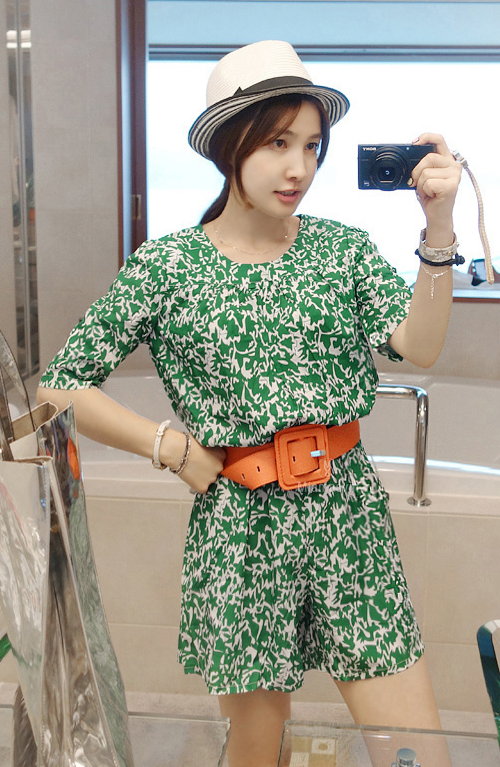 Printed Green Romper with Belt