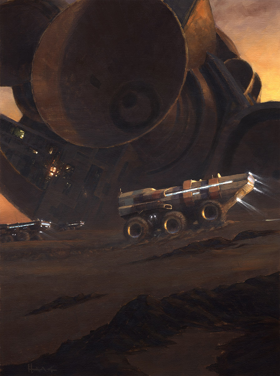 Oil painting of Mars exploration caravan at a giant spaceship wreck by Wayne Haag