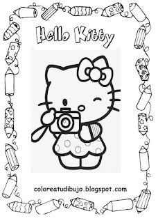Hello Kitty con camara fotografica para colorear