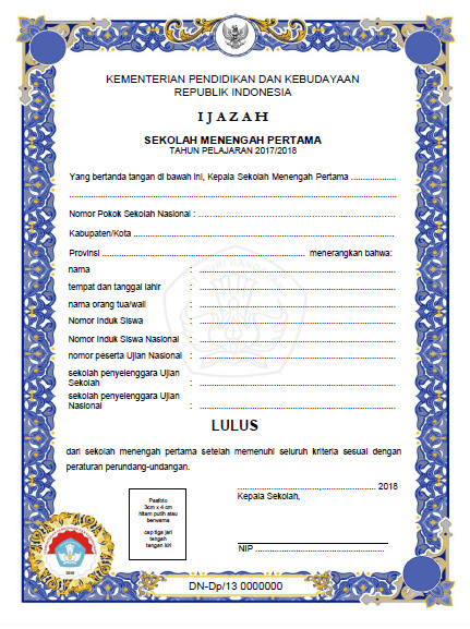 Ini Dia Wajah Blangko Ijazah SD, SMP, SMA dan SMK Tahun 