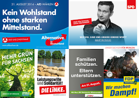 Plakate von AfD, SPD, Grüne, Linke, CDU und FDP 