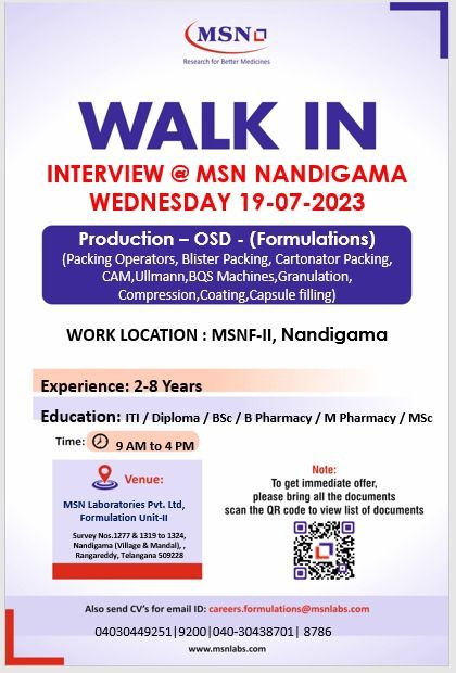 MSN Laboratories Walk In Interview For Production OSD Formulation/ Injectable Formulation