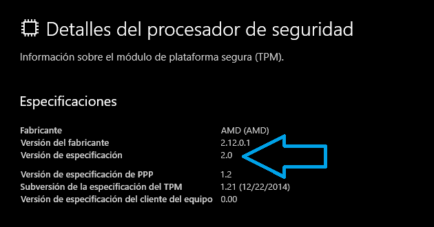 Windows 11 - TPM 2.0 Versión de especificación