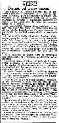 Recorte de La Vanguardia sobre el Torneo Nacional de Ajedrez Barcelona 1926, 7/10/1926