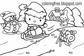 Cute rabbit hello kitty Christmas printable girls pretty coloring picture of winter season landscape