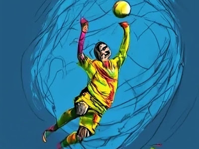 O goleiro tenta, em vão, agarrar a bola que vem do alto. Arte gerada com o auxílio de inteligência artificial via craiyon.com
