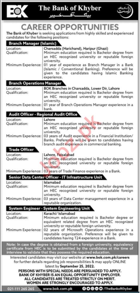 Latest The Bank of Khyber BOK Management Posts Karachi 2022