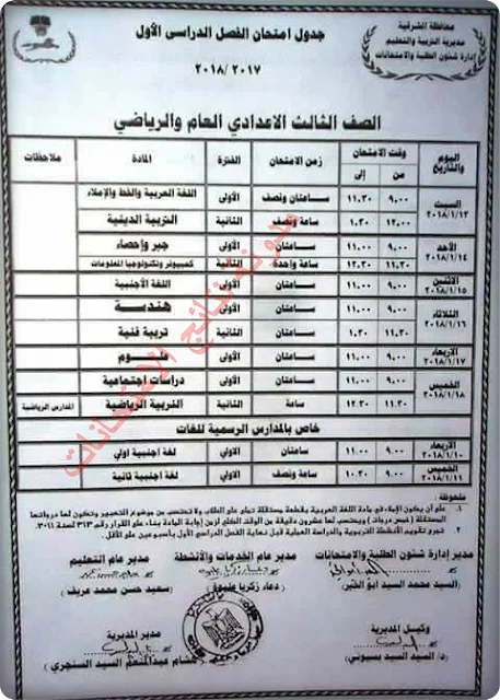 جداول إمتحانات المرحله الابتدائيه بمحافظة الشرقيه الترم الاول 2018 سنوات النقل والشهاده