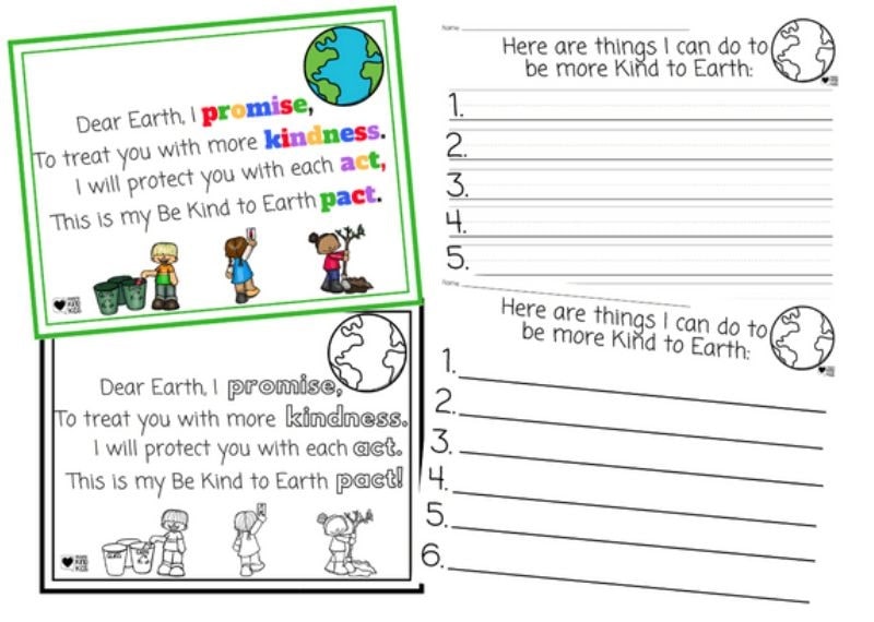 Earth Day kindness pledge writing activity