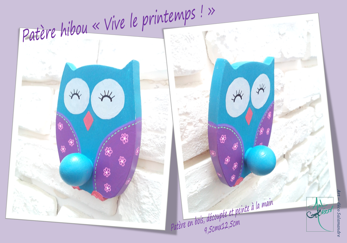 patère en bois hibou chouette à fleurs bleu canard violet rose art-deco_salamandre