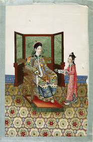 colourful Chinese royal court scene - seated nobleman and attendant