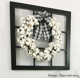 Vintage, Paint and more... a cotton wreath made by wrapping a cotton garland in a circle and adding a ribbon bow, hanging on a chicken wire window frame