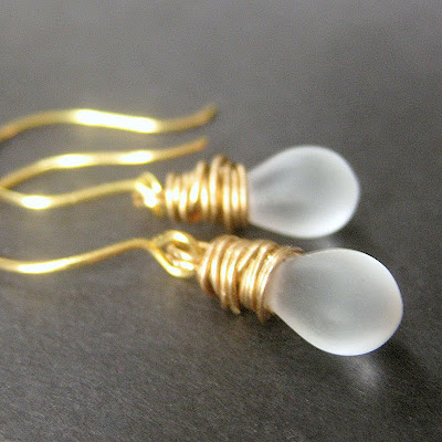 Frosted Glass Wire Wrapped Teardrop Earrings