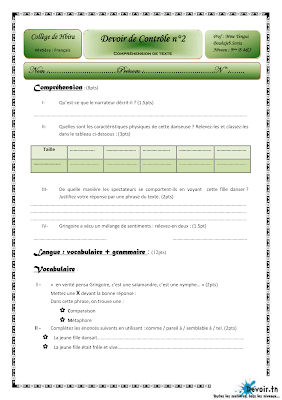 تحميل فرض مراقبة فرنسية سنة  تاسعة أساسي pdf 9français سنة 9, تمارين فرنسية  مع الإصلاح موقع مسار التميز 9ème, conjugaison, orthographe, grammaire