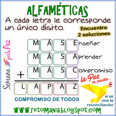 Alfamética, Criptoaritmética, Criptograma, Criptosuma, Paz, Semana por la Paz, Las matemáticas y la Paz, Juego de letras, Juego de palabras, Acertijos con Palabras