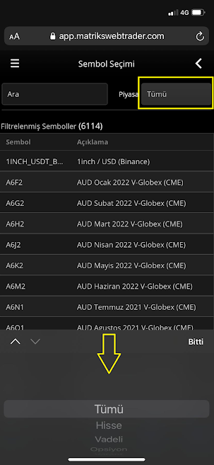 Matriks Web Trader Mobil Sembol Seçim Ekranı