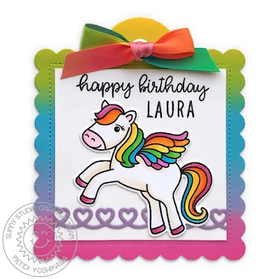 Sunny Studio Blog: Rainbow Ombre Personalize Girls Birthday Gift Tag (using Prancing Pegasus & Kinsley Alphabet Stamps, Heartstrings Border Dies, Scalloped Square Tag Dies and Spring Fling Paper)