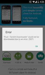 Screenshot of Google Play showing Error (907) while downloading an app