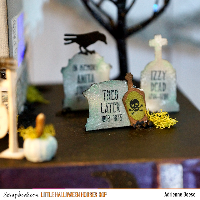 Scrapbook.com Tiny Halloween House Hop tutorial dead and breakfast: Tim Holtz, remnant rubs, distress ink, tombstone, graveyard, raven, regions beyond, Finnabair, impasto paint, moss, pumpkin, speckled egg paint, poison bottle, grit paste, boneyard