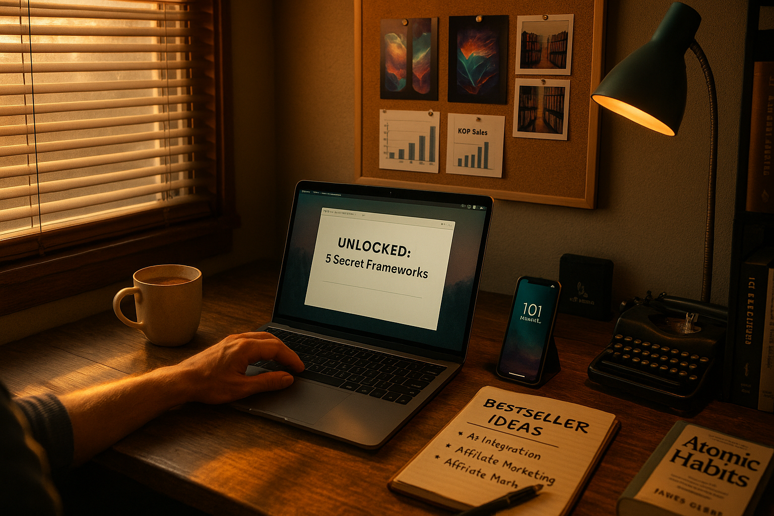 Cozy home office workspace with warm golden hour lighting, featuring a laptop screen displaying 'UNLOCKED: 5 Secret Frameworks', a leather notebook with bestseller ideas, a vintage typewriter, and a corkboard with pinned AI-generated cover designs, KDP sales graph, and Polaroid photos.