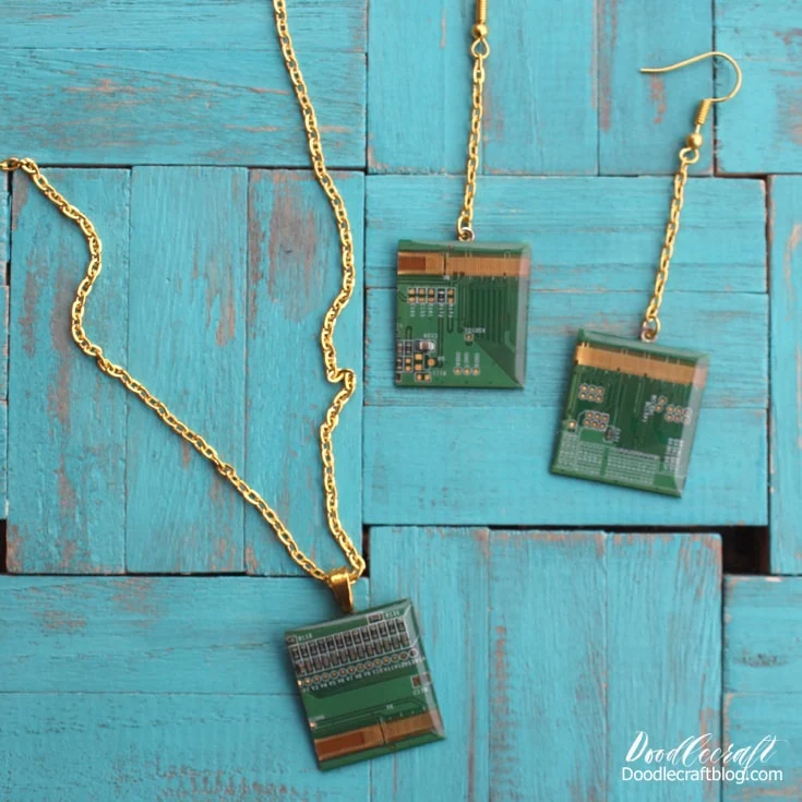 Upcycled Motherboard Pendant with Earrings Set using Resin!