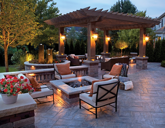 captivating outdoor patio ideas with modern square fire and white outdoor armchairs