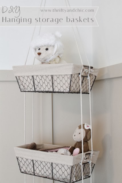 DIY Hanging Storage Baskets -all you need are baskets and some rope!